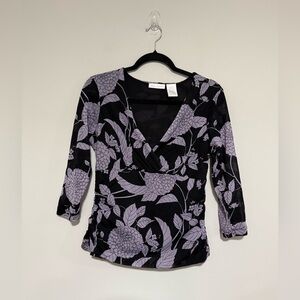 Vintage Y2K Black Purple Floral Babydoll Mesh Top Size Large Ruched Stretch